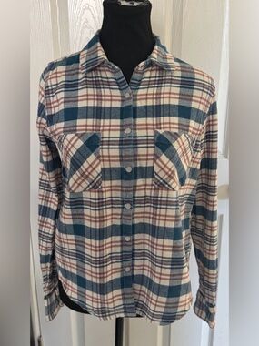 Element Women’s Plaid Flannel Button Snap Shirt Jacket Shacket Small Blue Cream